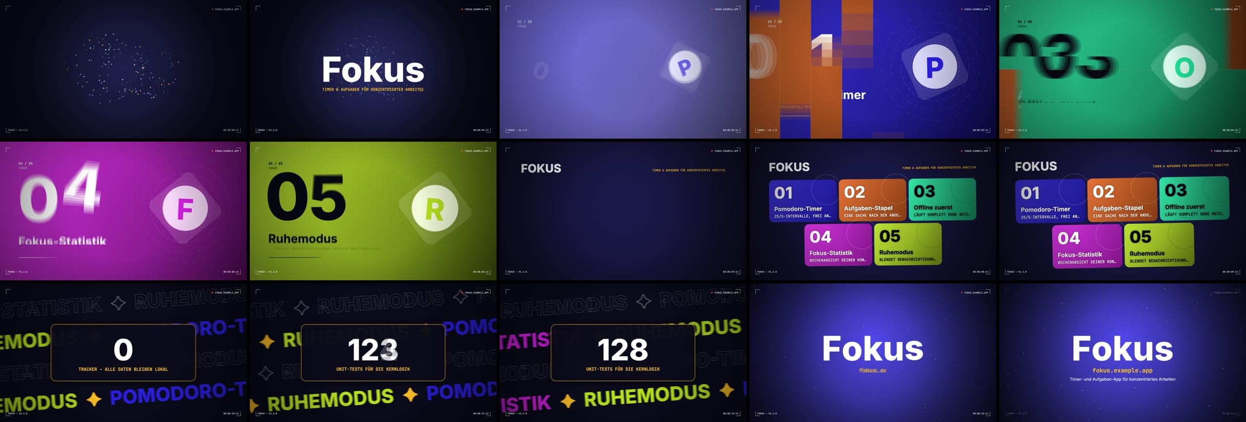 Kontaktbogen des Beispielvideos: 15 Frames vom Intro über die Feature-Liste bis zum Outro